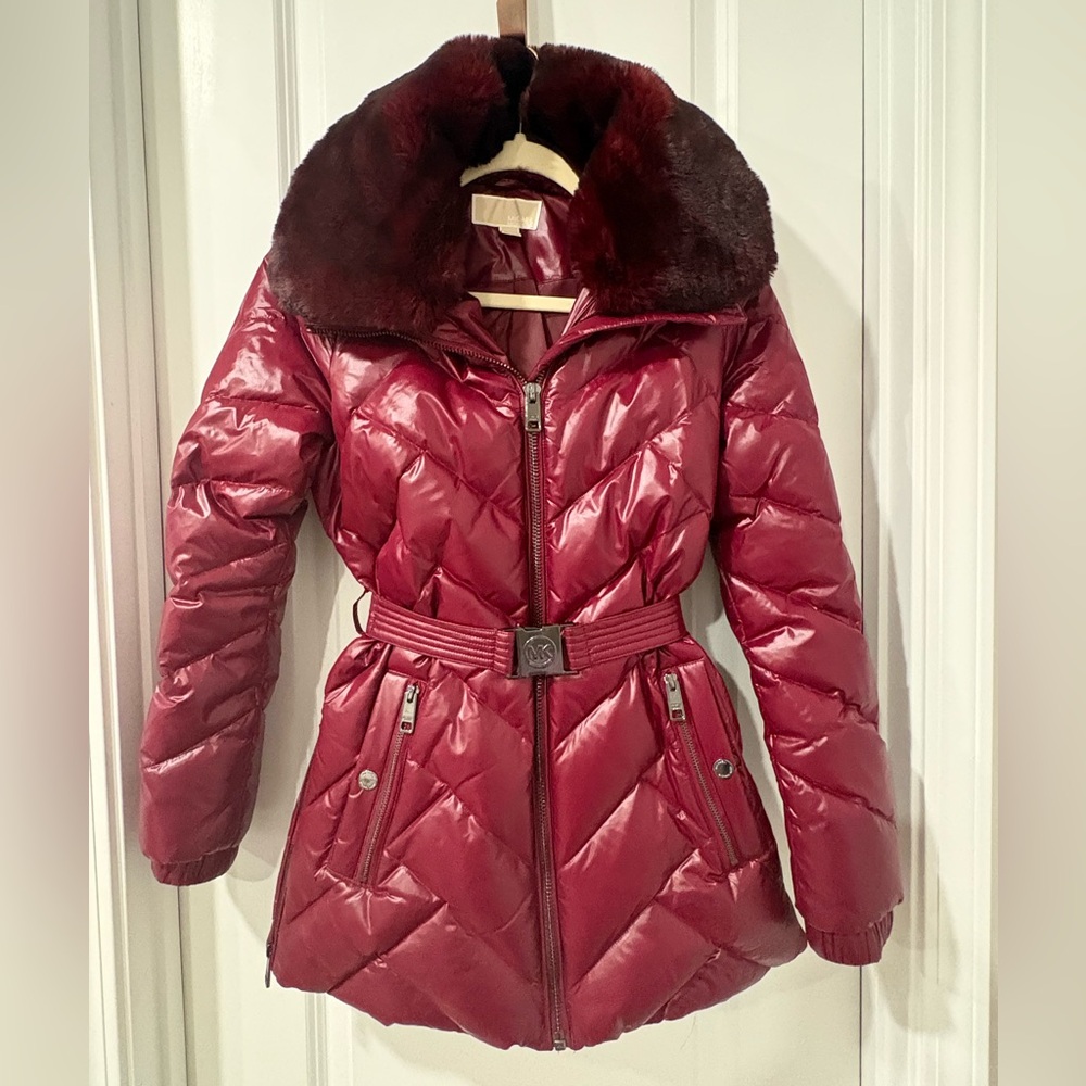 Michael Kors Fur Trim Chevron Quilted Nylon Belted Puffer Coat
